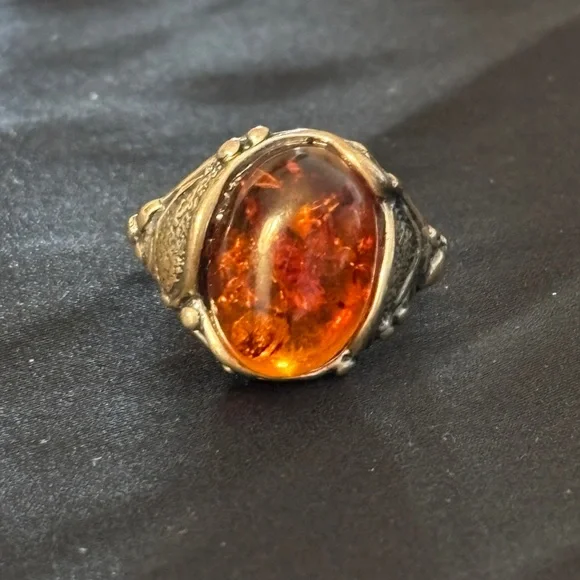 Vintage Sterling Silver Baltic Amber Ring Cognac Cabochon Size 4.5 - Picture 4 of 6